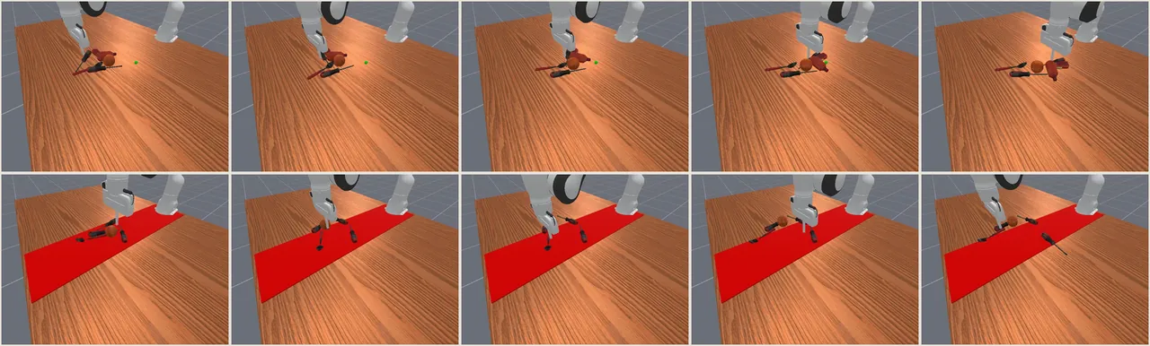MPC 执行示例：上排 push object to position，下排 clear middle